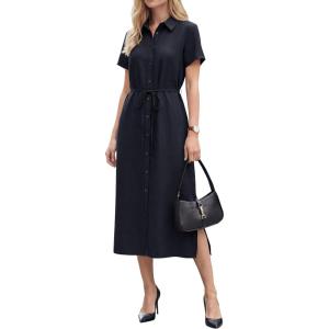 imageArachampCloz Womens Linen with Pockets Midi Summer Spring Shirt Dress 2026Navy