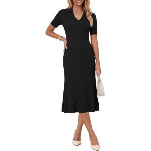 imageArachampCloz Womens Lyocell Blend Polo V Neck Spring Summer Work Short Sleeve A Line Midi Dress 2026Black