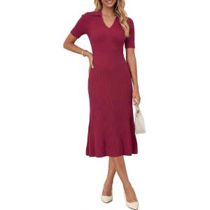 imageArachampCloz Womens Lyocell Blend Polo V Neck Spring Summer Work Short Sleeve A Line Midi Dress 2026Burgundy Red