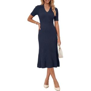 imageArachampCloz Womens Lyocell Blend Polo V Neck Spring Summer Work Short Sleeve A Line Midi Dress 2026Navy Blue