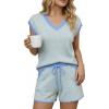 imageArachampCloz Womens Linen Lyocell Relaxed Fit 2 Piece Lounge Sets V Neck Top Drawstring Shorts Summer 2026Blue Stripe