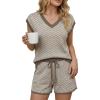 imageArachampCloz Womens Linen Lyocell Relaxed Fit 2 Piece Lounge Sets V Neck Top Drawstring Shorts Summer 2026Coffee Stripe