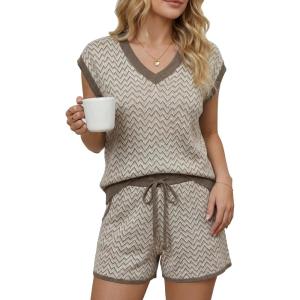 imageArachampCloz Womens Linen Lyocell Relaxed Fit 2 Piece Lounge Sets V Neck Top Drawstring Shorts Summer 2026Coffee Stripe