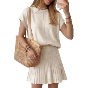 imageArachampCloz Womens Wool Blend Knit 2 Piece Sets Summer Casual Cap Sleeve Tops Pleated Mini Skirt Outfits 2026Beige