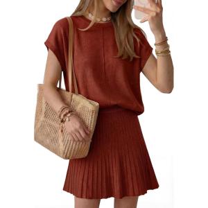 imageArachampCloz Womens Wool Blend Knit 2 Piece Sets Summer Casual Cap Sleeve Tops Pleated Mini Skirt Outfits 2026Burgundy