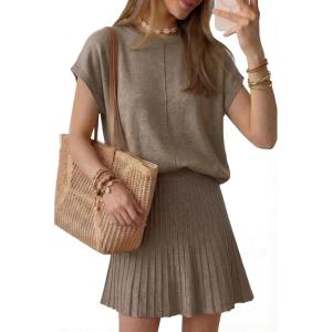 imageArachampCloz Womens Wool Blend Knit 2 Piece Sets Summer Casual Cap Sleeve Tops Pleated Mini Skirt Outfits 2026Khaki