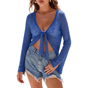 imageArachampCloz Womens Linen Blend Tie Front Bolero Shrug Beach Cover Up 2026Navy
