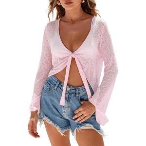 imageArachampCloz Womens Linen Blend Tie Front Bolero Shrug Beach Cover Up 2026Pink