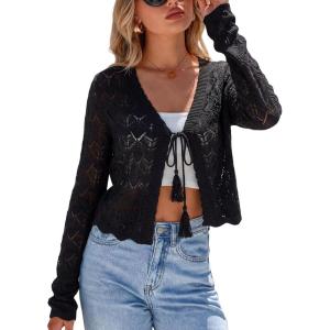 imageArachampCloz Womens Cropped Cardigan Linen Blend Crochet Tie Front Lightweight Summer Beach ShrugBlack