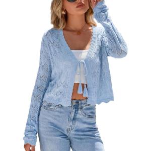 imageArachampCloz Womens Cropped Cardigan Linen Blend Crochet Tie Front Lightweight Summer Beach ShrugBlue