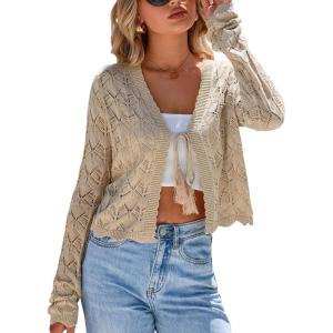 imageArachampCloz Womens Cropped Cardigan Linen Blend Crochet Tie Front Lightweight Summer Beach ShrugKhaki