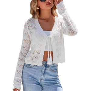 imageArachampCloz Womens Cropped Cardigan Linen Blend Crochet Tie Front Lightweight Summer Beach ShrugWhite