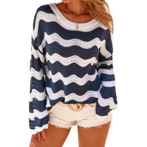 imageArachampCloz Womens Linen Blend Crochet Bell Sleeve Striped Beach Vacation Tops 2026Navy Stripe
