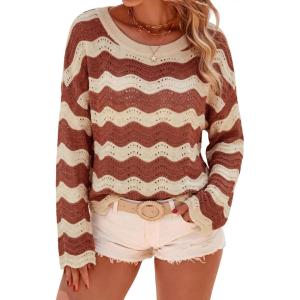 imageArachampCloz Womens Linen Blend Crochet Bell Sleeve Striped Beach Vacation Tops 2026Terracotta Stripe