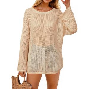 imageArachampCloz Womens Linen Summer Fall Lightweight Crochet Tops Beach Cover Up 2025Apricot