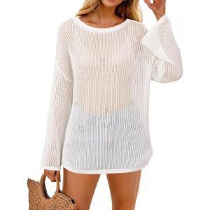 imageArachampCloz Womens Linen Summer Fall Lightweight Crochet Tops Beach Cover Up 2025Offwhite