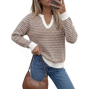 image:imageArachampCloz Womens 100 Cotton Polo V Neck Striped Long Sleeve Fall Casual Pullover Sweaters Trendy 2026Brown