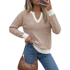 image:imageArachampCloz Womens 100 Cotton Polo V Neck Striped Long Sleeve Fall Casual Pullover Sweaters Trendy 2026Caramel