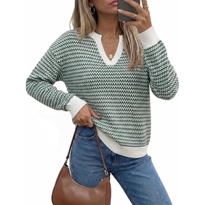 image:imageArachampCloz Womens 100 Cotton Polo V Neck Striped Long Sleeve Fall Casual Pullover Sweaters Trendy 2026Green