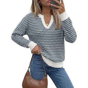 image:imageArachampCloz Womens 100 Cotton Polo V Neck Striped Long Sleeve Fall Casual Pullover Sweaters Trendy 2026Navy