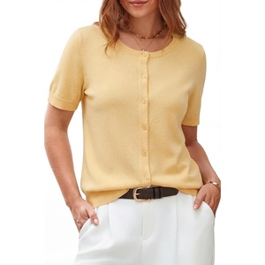 image:imageArachampCloz Womens Wool Blend Cropped Lightweight Short Sleeve Summer Business Casual Cardigan TopsCream Yellow