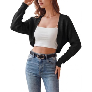 image:imageArachampCloz Womens 100 Cotton Bolero Shrug V Neck Cropped Cardigan Waffle Knit SweatersBlack