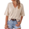 image:imageArachampCloz Womens Wool Blend Oversized Elbow Sleeve Summer Casual Cardigan  NonItchy Breathable Sweater VNeck Button Front Slit Hem Loose Fit Figure Friendly Weekend Travel Work OutfitsBeige
