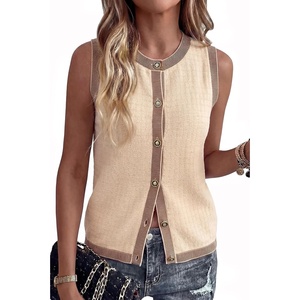 image:imageArachampCloz Womens 100 Cotton Crewneck Contrast Trim Button Front Sweater Vests 2026Apricot