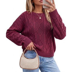 image:imageArachampCloz Womens Oversized Cropped Cable Knit Casual Sweater TopsDark Red