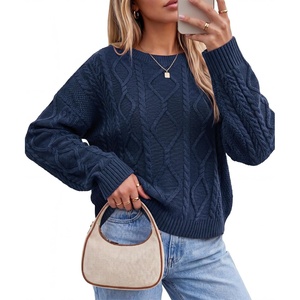 image:imageArachampCloz Womens Oversized Cropped Cable Knit Casual Sweater TopsNavy