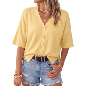 image:imageArachampCloz Womens Wool Blend Oversized Elbow Sleeve Summer Casual Cardigan  NonItchy Breathable Sweater VNeck Button Front Slit Hem Loose Fit Figure Friendly Weekend Travel Work OutfitsCream Yellow