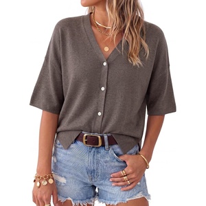 image:imageArachampCloz Womens Wool Blend Oversized Elbow Sleeve Summer Casual Cardigan  NonItchy Breathable Sweater VNeck Button Front Slit Hem Loose Fit Figure Friendly Weekend Travel Work OutfitsCoffee