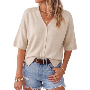 image:imageArachampCloz Womens Wool Blend Oversized Elbow Sleeve Summer Casual Cardigan  NonItchy Breathable Sweater VNeck Button Front Slit Hem Loose Fit Figure Friendly Weekend Travel Work OutfitsBeige