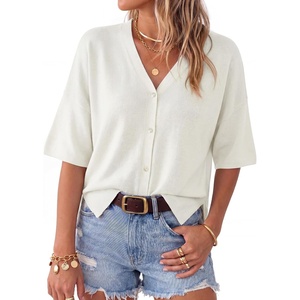 image:imageArachampCloz Womens Wool Blend Oversized Elbow Sleeve Summer Casual Cardigan  NonItchy Breathable Sweater VNeck Button Front Slit Hem Loose Fit Figure Friendly Weekend Travel Work OutfitsWhite
