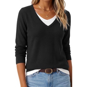 image:imageArachampCloz Womens Wool Blend 2 in 1 Patchwork V Neck Casual Sweater TopsBlack