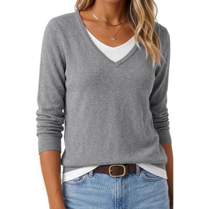image:imageArachampCloz Womens Wool Blend 2 in 1 Patchwork V Neck Casual Sweater TopsHeather Gray