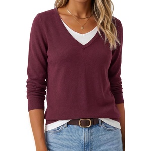 image:imageArachampCloz Womens Wool Blend 2 in 1 Patchwork V Neck Casual Sweater TopsWine Red