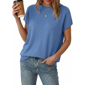 image:imageArachampCloz Womens Wool Blend Oversized Cap Sleeve Summer Casual Sweater  Short Sleeve Sweater Stretchy amp Lightweight Capsule Wardrobe Teacher Outfits Business Casual Tops Solo amp Layer OutfitsLake Blue