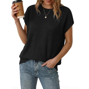 image:imageArachampCloz Womens Wool Blend Oversized Cap Sleeve Summer Casual Sweater  Short Sleeve Sweater Stretchy amp Lightweight Capsule Wardrobe Teacher Outfits Business Casual Tops Solo amp Layer OutfitsBlack