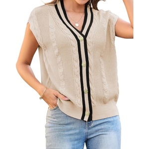 image:imageArachampCloz Summer Sweater Vest Women Spring Cap Sleeve V Neck Striped Button Casual Cardigan Sweater Knit Tank Tops 2025Apricotblack