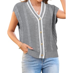 image:imageArachampCloz Summer Sweater Vest Women Spring Cap Sleeve V Neck Striped Button Casual Cardigan Sweater Knit Tank Tops 2025Greywhite