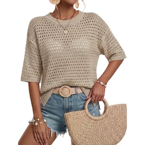 image:imageArachampCloz Womens Linen Blend Oversized Hollow Out Summer Vacation Tops  Lightweight amp Breathable Short Sleeves Crochet Knit Boho Tops Solid amp Striped Loose Fit Beach Cover Ups Cruise OutfitsApricot