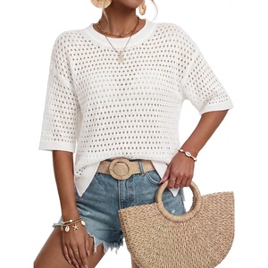 image:imageArachampCloz Womens Linen Blend Oversized Hollow Out Summer Vacation Tops  Lightweight amp Breathable Short Sleeves Crochet Knit Boho Tops Solid amp Striped Loose Fit Beach Cover Ups Cruise OutfitsWhite