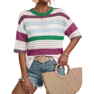 image:imageArachampCloz Womens Linen Blend Oversized Hollow Out Summer Vacation Tops  Lightweight amp Breathable Short Sleeves Crochet Knit Boho Tops Solid amp Striped Loose Fit Beach Cover Ups Cruise OutfitsStriped Green White
