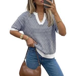 image:imageArachampCloz Womens Polo Striped Long Sleeve Casual Sweaters Breathable Tops  100 Cotton Lightweight Knit V Neck Pullover Relaxed Fit WorkampBusiness Casual Outfits Fashion Clothing Summer Fall 2026Navy
