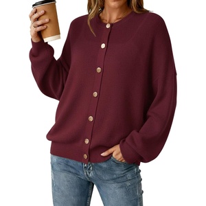 image:imageArachampCloz Womens Wool Blend Gold Button Fall Fashion Casual Cardigan  Lightweight Breathable SweaterWool BlendCrew NeckLong SleeveBusiness CasualFall Outfits for WomenFigurefriendlyWine