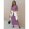 image:imageArachampCloz Womens Wool Blend Fall Business Casual T Shirts Maxi Dress  Soft Wool Blend Medium Stretch amp ThicknessCrew Neck short Sleeve Maxi Dress With side Slit fitsCasual And All OccasionsPurple