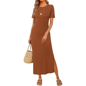 image:imageArachampCloz Womens Wool Blend Fall Business Casual T Shirts Maxi Dress  Soft Wool Blend Medium Stretch amp ThicknessCrew Neck short Sleeve Maxi Dress With side Slit fitsCasual And All OccasionsCaramel