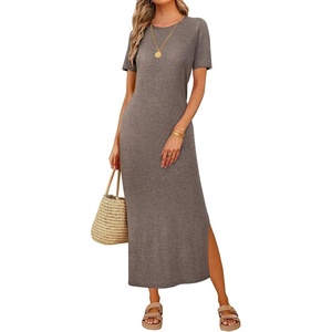 image:imageArachampCloz Womens Wool Blend Fall Business Casual T Shirts Maxi Dress  Soft Wool Blend Medium Stretch amp ThicknessCrew Neck short Sleeve Maxi Dress With side Slit fitsCasual And All OccasionsCoffee