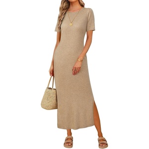 image:imageArachampCloz Womens Wool Blend Fall Business Casual T Shirts Maxi Dress  Soft Wool Blend Medium Stretch amp ThicknessCrew Neck short Sleeve Maxi Dress With side Slit fitsCasual And All OccasionsKahki